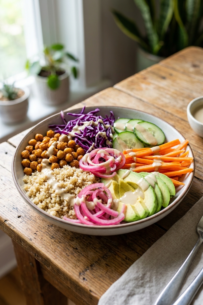 A single vibrant rainbow buddha bowl on a wooden table with quinoa, roasted chickpeas, shredded purple cabbage, sliced cucumber, carrots, avocado, pickled red onions, and creamy tahini dressing drizzled on top, natural window light