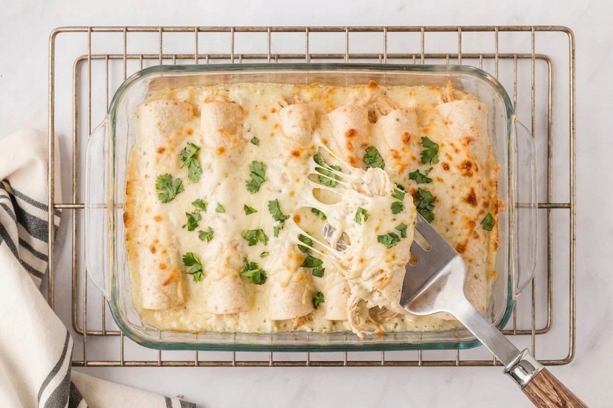 A single white chicken enchilada being lifted from a baking dish with a spatula, showing creamy sauce and shredded chicken filling, with melted cheese stretching slightly