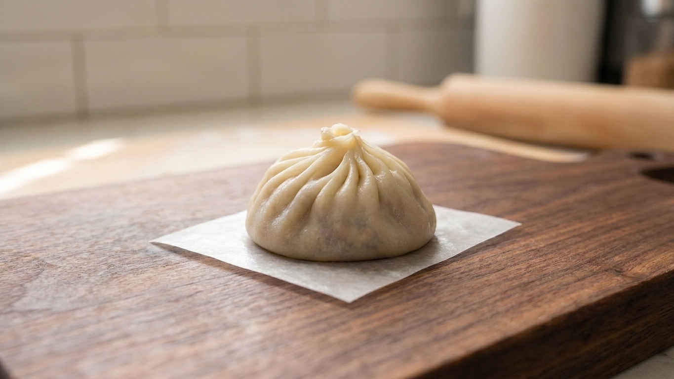 A single xiao long bao dumpling showing neat pleats gathered at the top, sitting on a small square of parchment.
