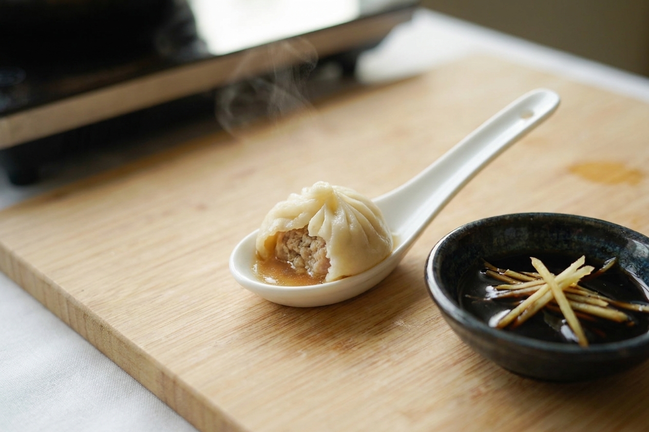 A single xiao long bao sitting on a soup spoon with a small bite taken out, showing broth inside, next to a bowl of black vinegar with ginger