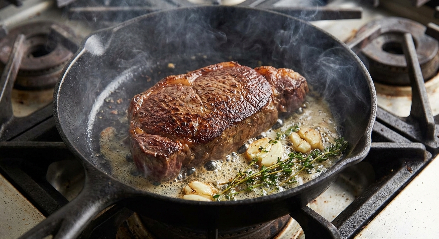 A sirloin steak searing in a cast iron skillet with bubbling butter, garlic cloves, and thyme sprigs