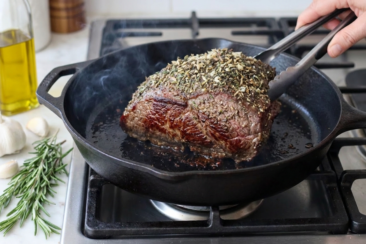 A sirloin tip roast being seared in a cast iron skillet on the stove with browned edges forming