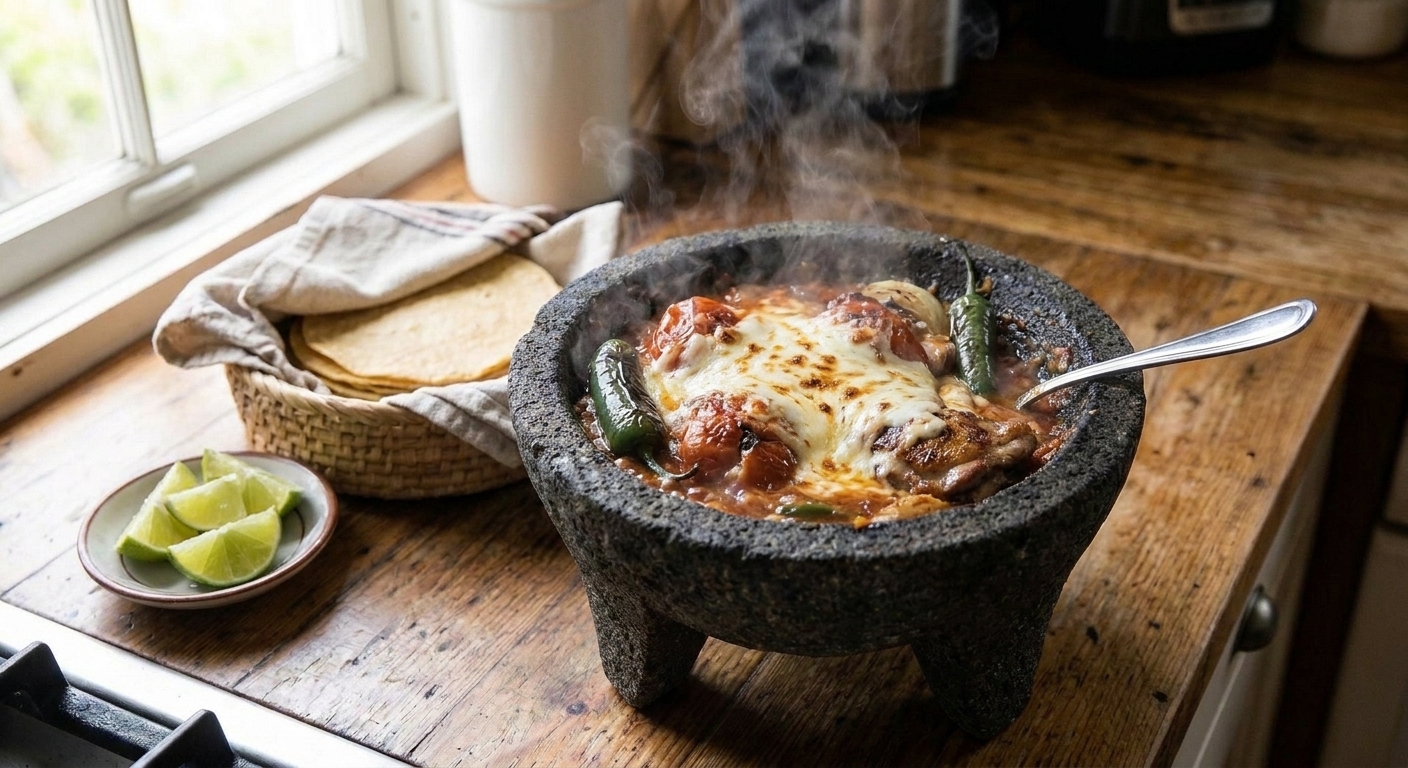 A sizzling molcajete bowl of chicken in salsa with melted cheese and blistered peppers on a wooden table set with tortillas and lime wedges