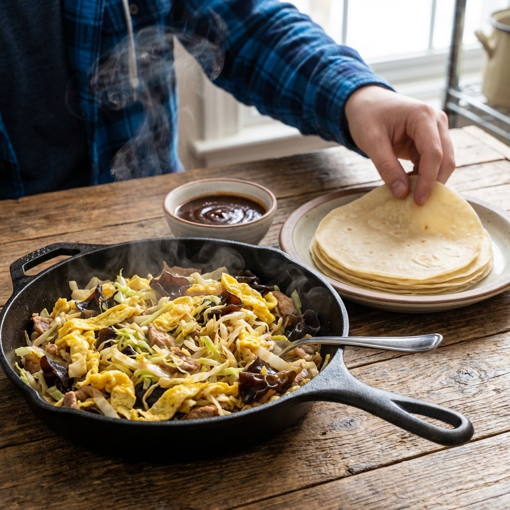 A sizzling skillet of moo shu pork with shredded cabbage, scrambled egg ribbons, and wood ear mushrooms, served with hoisin sauce and a stack of thin Mandarin pancakes on a wooden table, realistic food photography