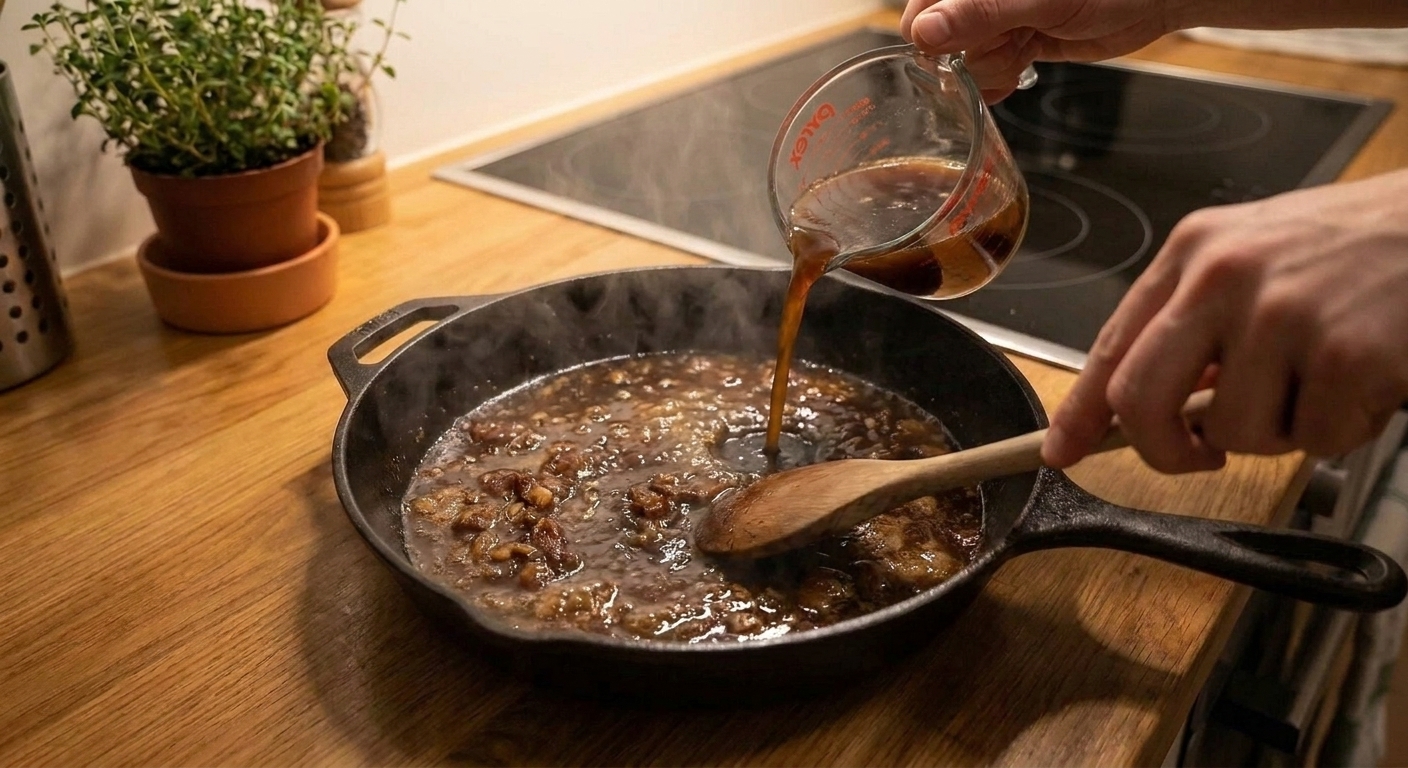 A skillet being deglazed with beef broth while a spoon scrapes browned bits from the bottom, creating a glossy pan sauce