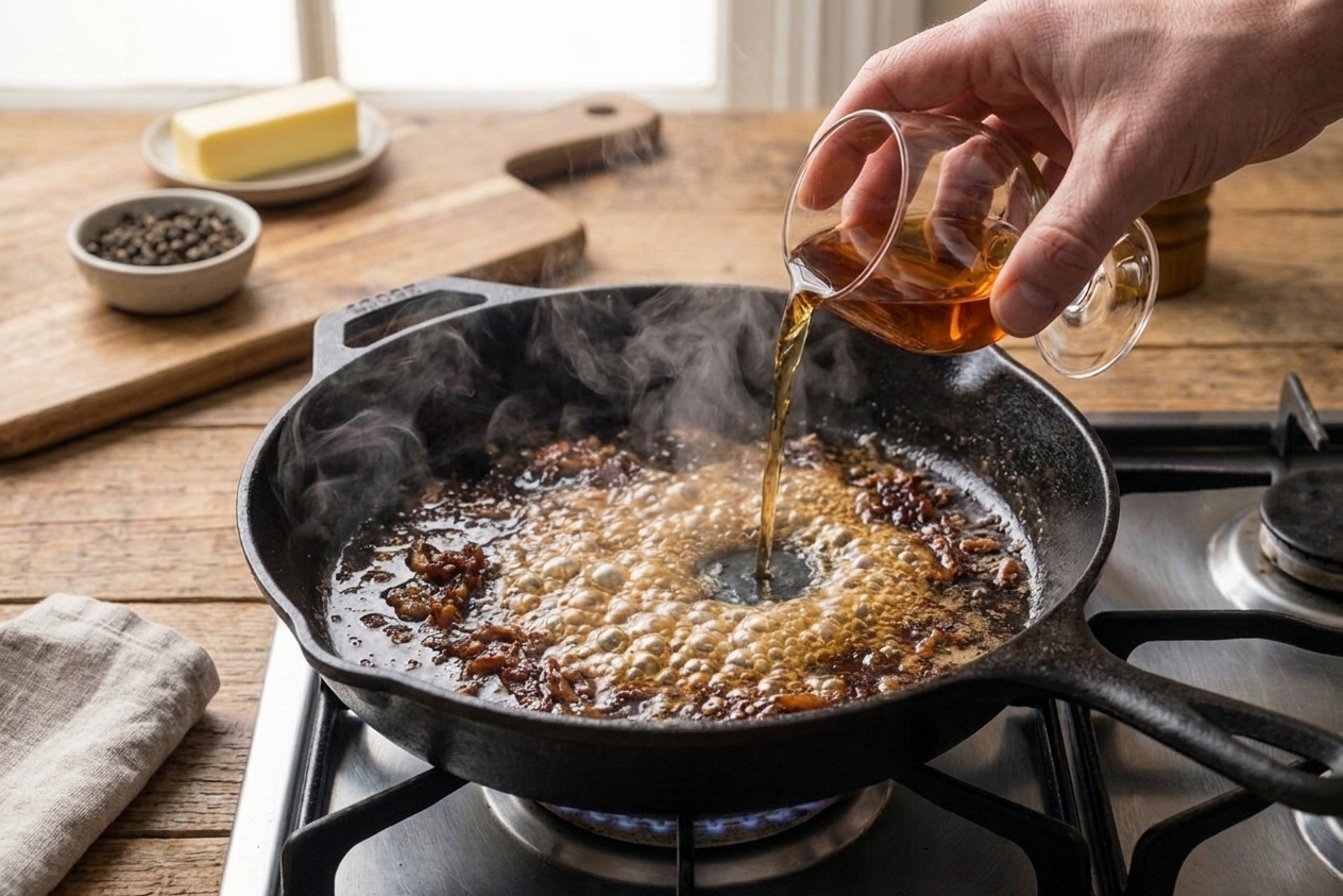 A skillet being deglazed with cognac as the liquid bubbles and loosens the browned bits from the bottom