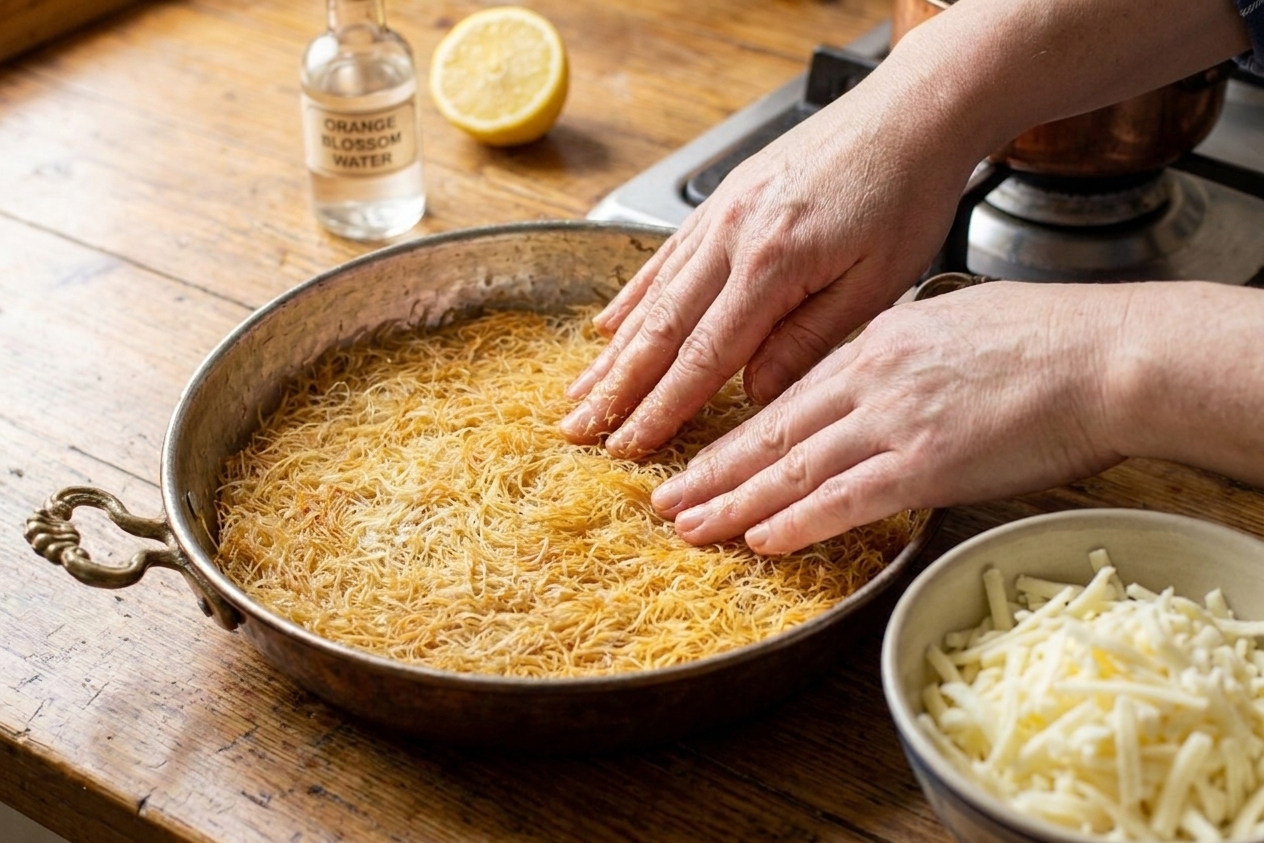 A skillet being filled with a base layer of buttered kataifi, with shredded mozzarella ready to be added, photographed on a kitchen counter