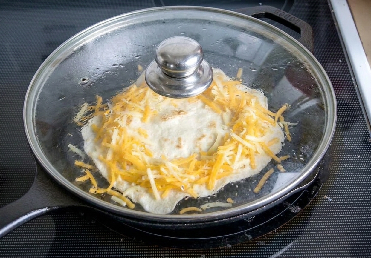 A skillet covered with a lid while a tortilla egg pizza cooks, steam lightly fogging the lid on a stovetop