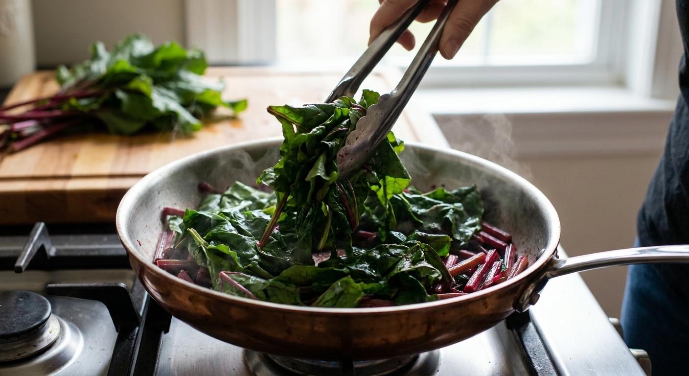 A skillet filled with beet green leaves as they wilt down, tongs lifting and turning the greens over the softened stems
