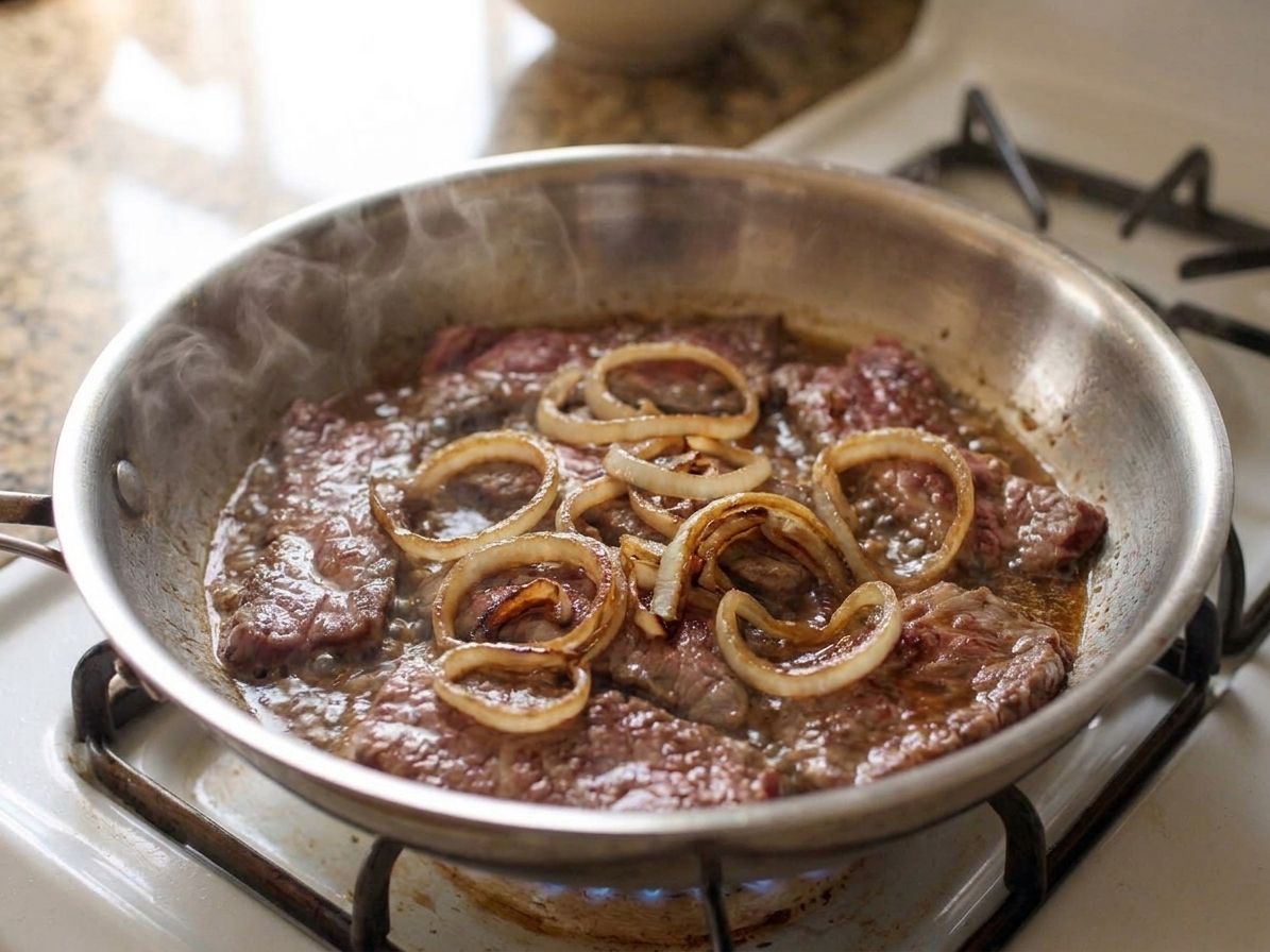 A skillet filled with bistek tagalog, showing beef slices simmering in a dark soy-citrus sauce with softened and lightly crisp onion rings on top