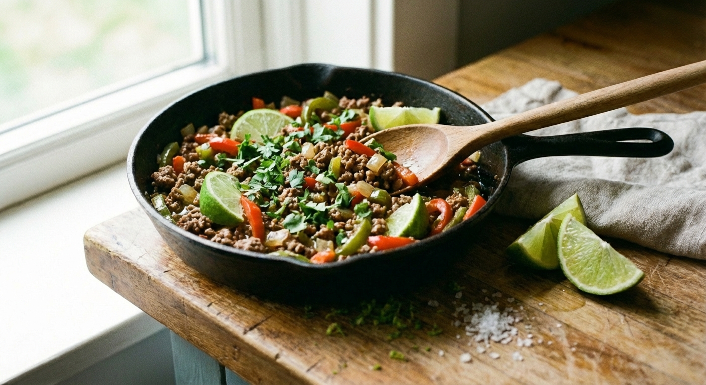 A skillet filled with browned ground beef tossed with peppers, onions, and a glossy lime-garlic sauce, topped with chopped cilantro and lime wedges