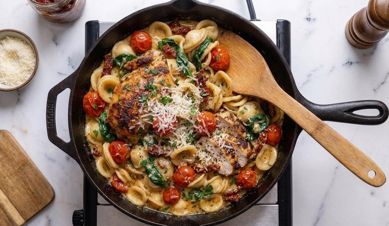 A skillet filled with creamy Tuscan chicken pasta with spinach and sun-dried tomatoes, finished with grated Parmesan and cracked black pepper on a warm kitchen counter