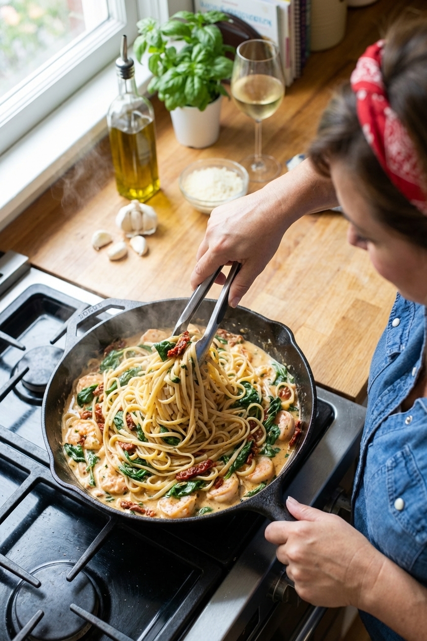 A skillet filled with creamy Tuscan shrimp sauce with spinach and sun-dried tomatoes being tossed with cooked linguine using tongs, photographed overhead in a home kitchen