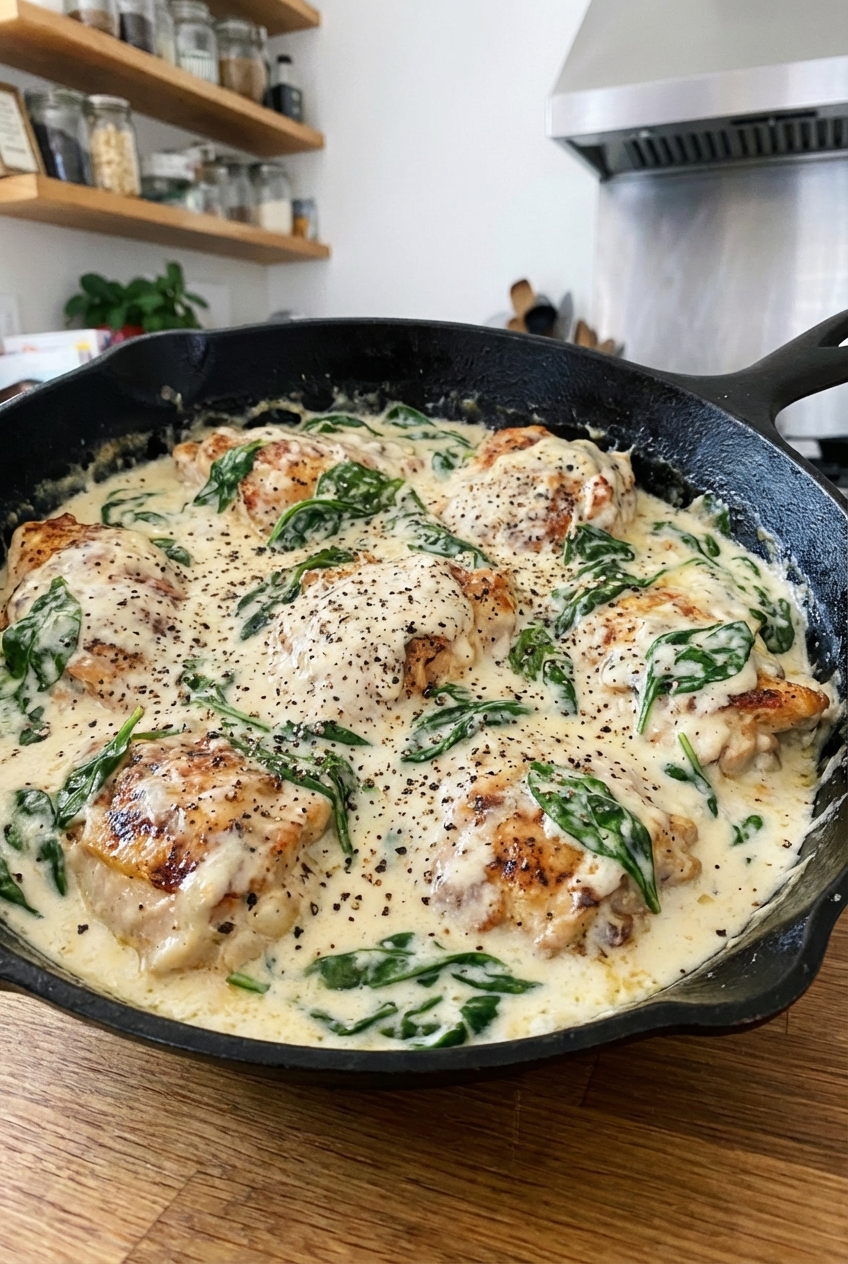 A skillet filled with creamy chicken and spinach in a velvety Parmesan sauce, garnished with black pepper