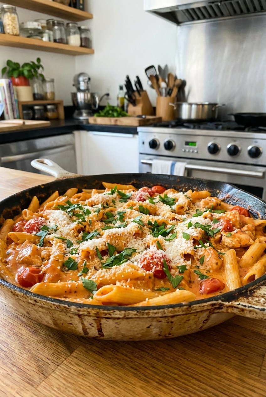 A skillet filled with creamy tomato chicken pasta topped with grated Parmesan and chopped parsley on a kitchen counter