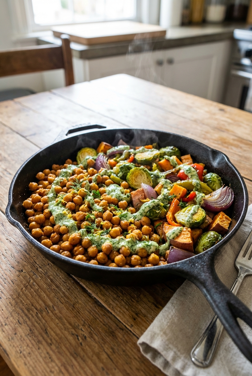 A skillet filled with crispy chickpeas, roasted seasonal vegetables, and a drizzle of lemon herb sauce on a wooden table