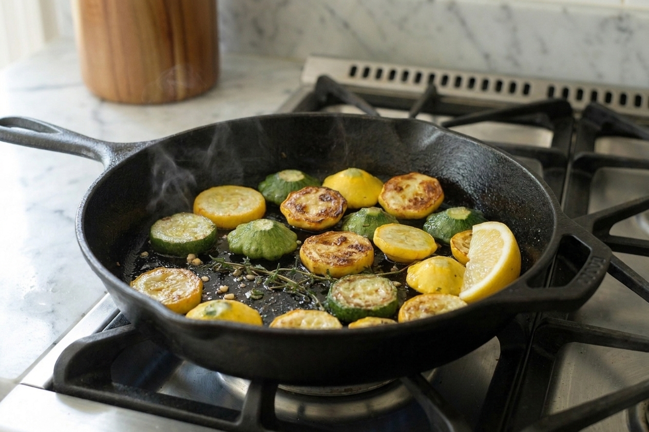 A skillet filled with golden-browned patty pan squash slices with crisp edges, flecks of garlic and herbs, and a lemon wedge on the side, warm kitchen lighting