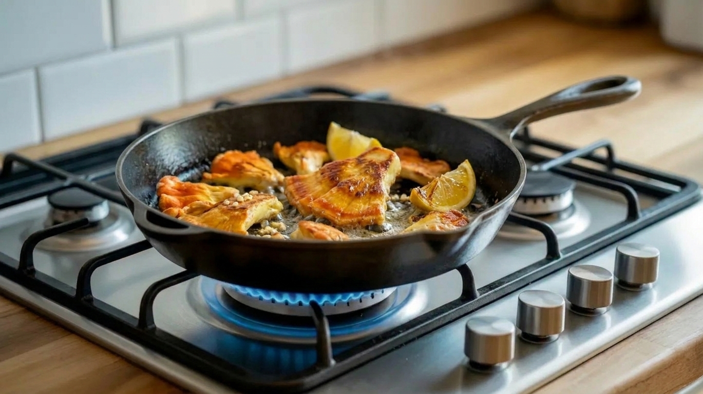 A skillet filled with golden seared chicken of the woods mushrooms with browned edges, garlic butter bubbling around them, and lemon wedges on the side on a warm kitchen counter