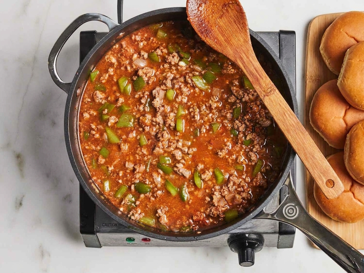 A skillet filled with saucy sloppy joe ground beef mixture simmering on a stovetop, with a spoon resting on the rim and soft buns nearby on a wooden counter