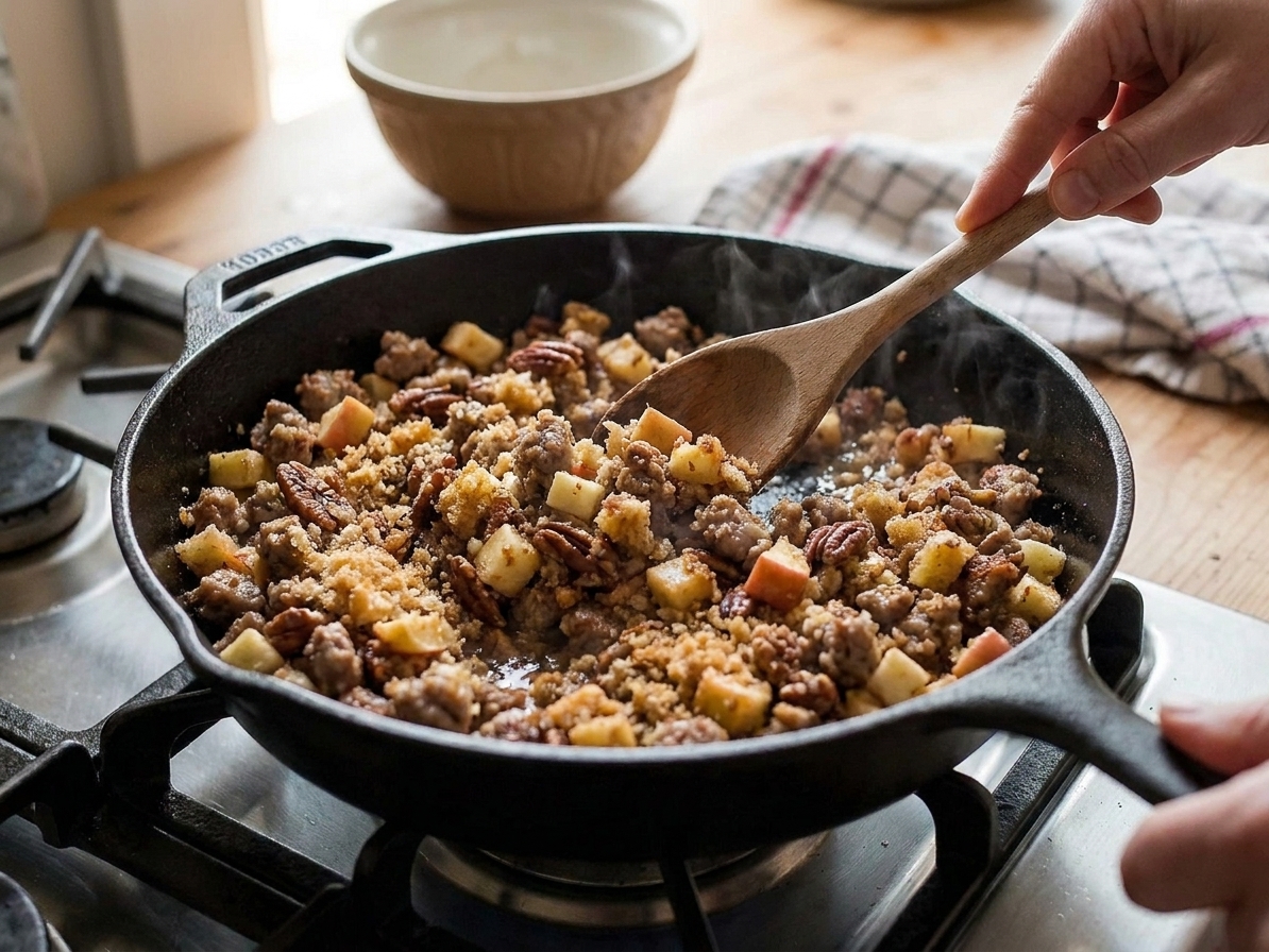 A skillet filled with sausage, apple, pecans, and breadcrumb stuffing mixture being stirred until moist and cohesive