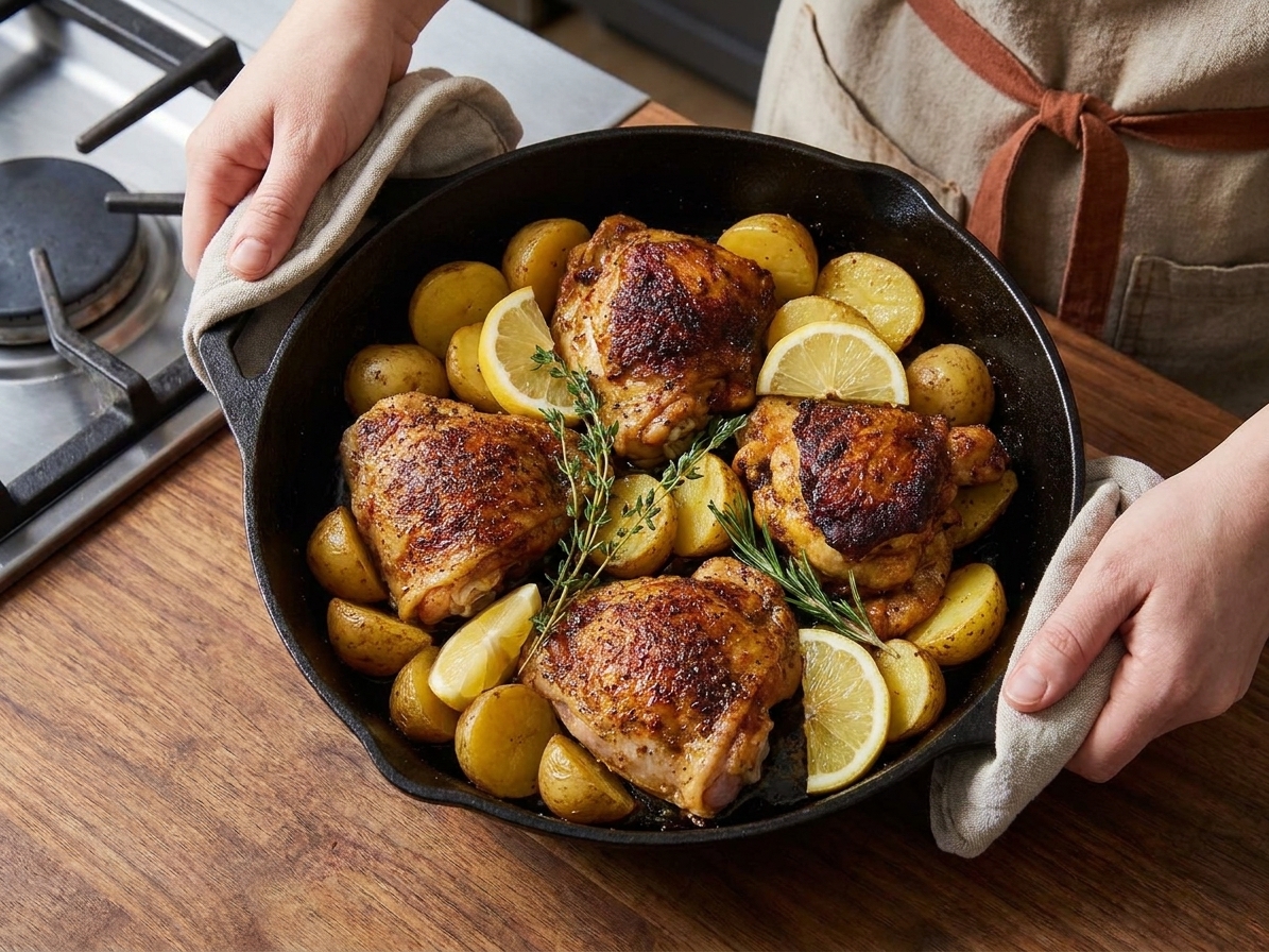 A skillet filled with seared chicken thighs, halved potatoes, and lemon slices ready to go into the oven