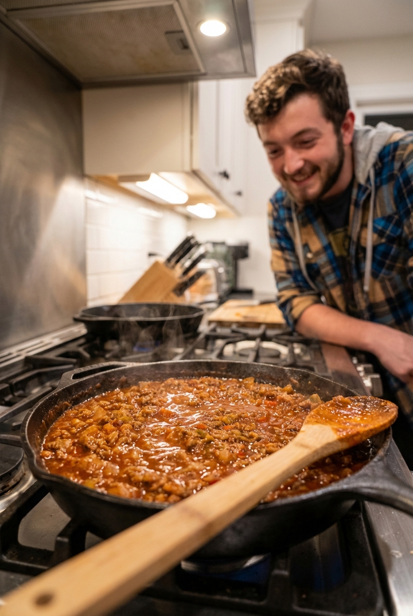 A skillet filled with thick sloppy joe mixture simmering with a spoon resting on the edge