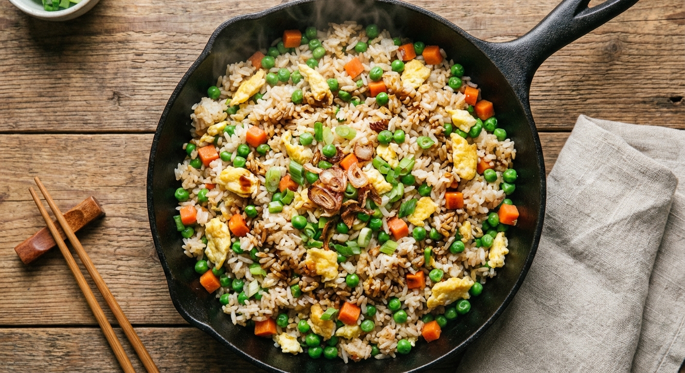 A skillet filled with vegetable fried rice with peas, carrots, scrambled egg, and scallions, photorealistic overhead food photography