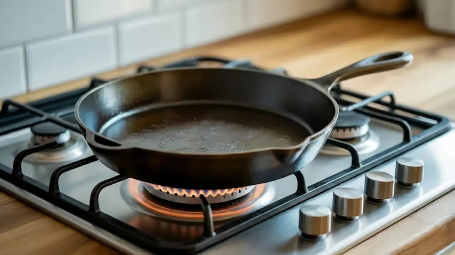 A skillet heating on a stovetop with oil and butter beginning to shimmer