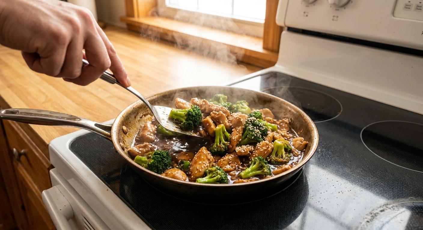 A skillet of Chinese chicken and broccoli stir-fry with glossy brown sauce and sesame seeds, steaming on a stovetop under warm kitchen lighting