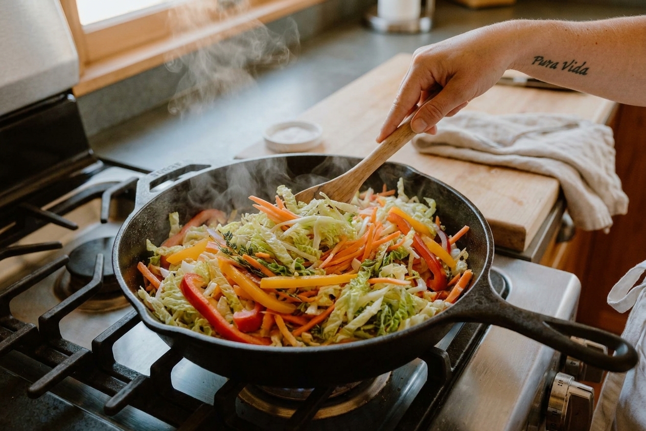 A skillet of Jamaican steamed cabbage with carrots and bell peppers, glossy and tender crisp, on a warm-toned kitchen stove