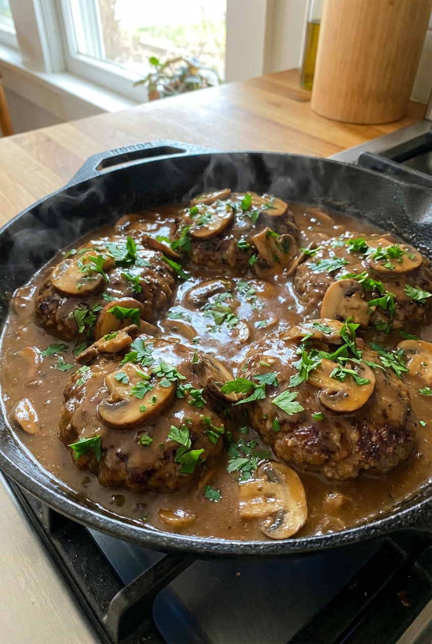 A skillet of Salisbury steak patties simmering in glossy brown mushroom gravy with chopped parsley