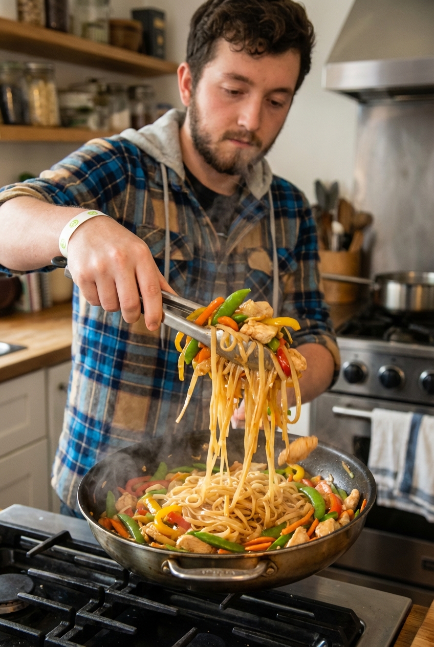 A skillet of Thai-inspired noodles being tossed with tongs, showing glossy noodles, colorful vegetables, and pieces of chicken