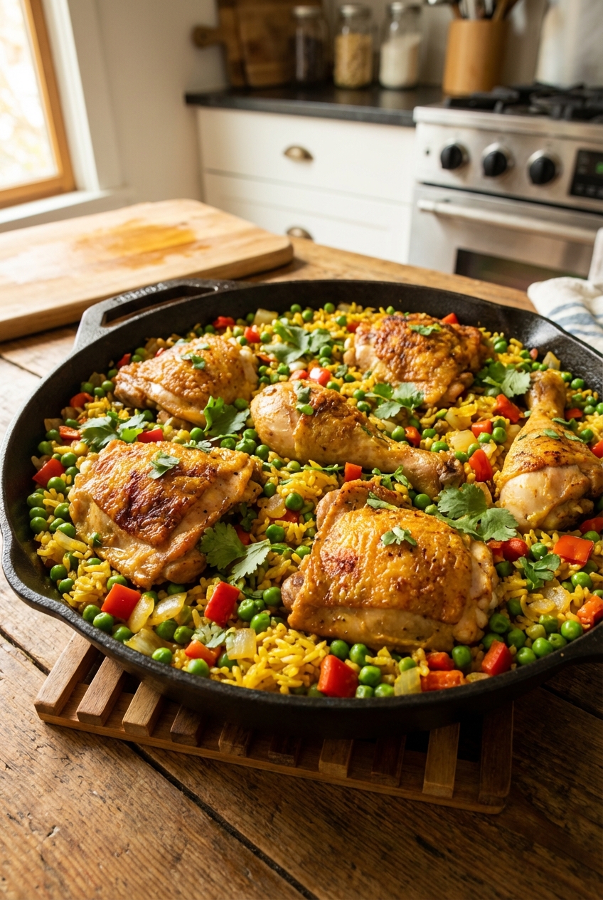 A skillet of arroz con pollo with golden chicken and green peas