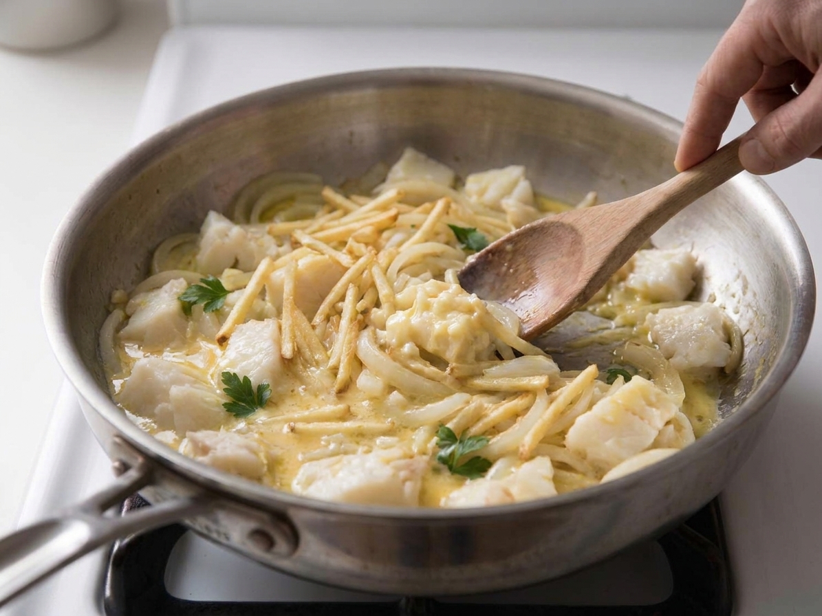 A skillet of bacalhau à Brás being gently stirred as the eggs set into soft curds around the cod and potatoes