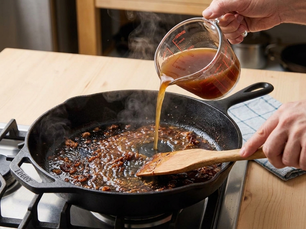 A skillet of beef drippings being deglazed with broth while browned bits are scraped up to form a quick pan sauce
