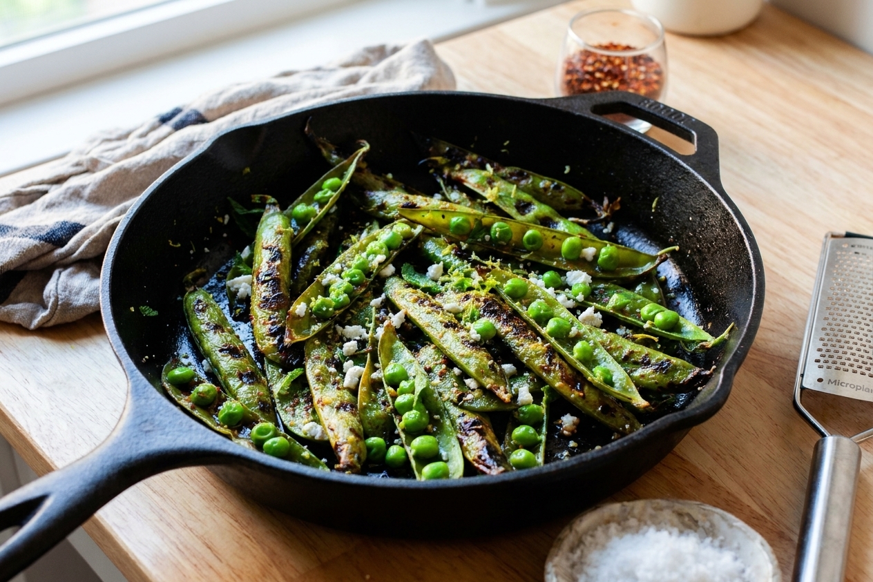 A skillet of blistered sugar snap peas with browned spots and a glossy sauce, set on a warm-toned kitchen counter with soft natural light