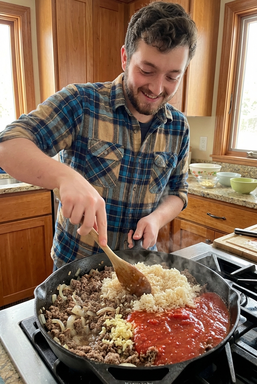 A skillet of browned ground beef, onions, garlic, cooked rice, and tomato sauce being stirred with a wooden spoon