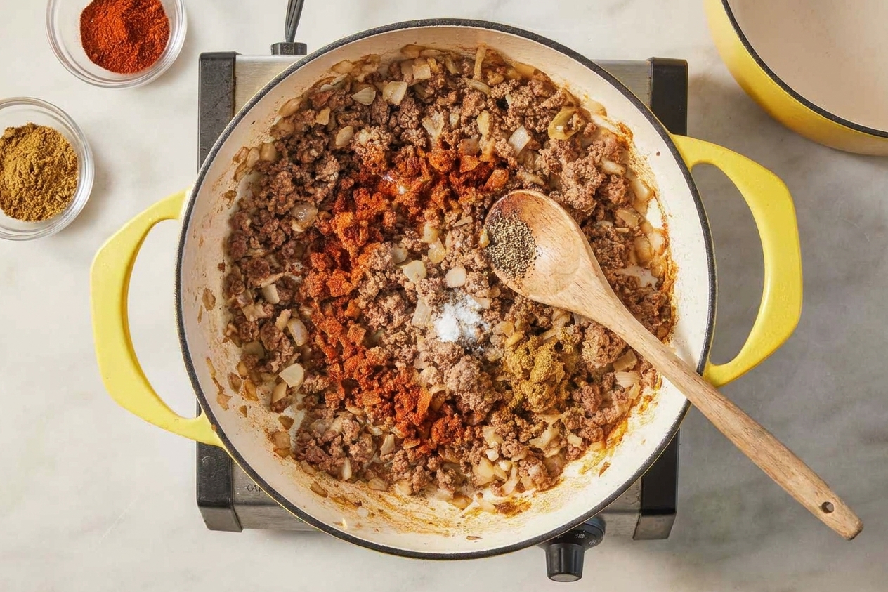 A skillet of browned ground meat with spices sprinkled over the top before stirring, showing chili powder and cumin on the surface