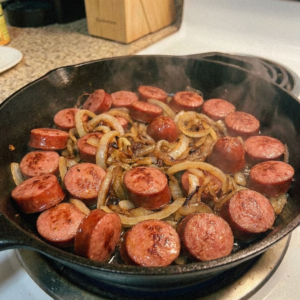 A skillet of browned kielbasa slices with onions