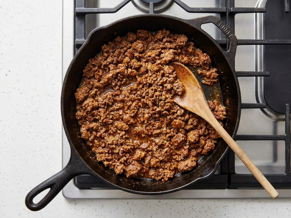 A skillet of browned taco seasoned ground beef with a wooden spoon resting inside on a stovetop