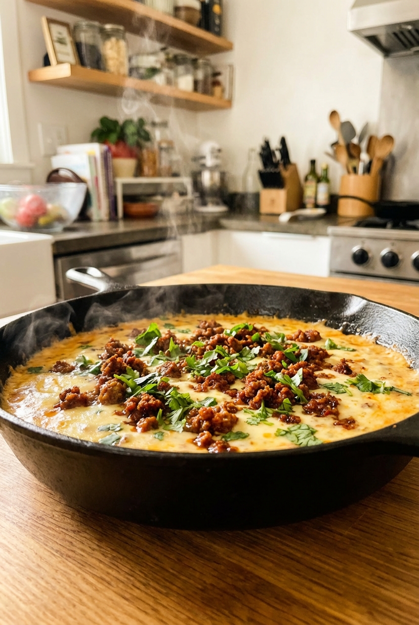 A skillet of bubbling queso dip with chorizo and cilantro