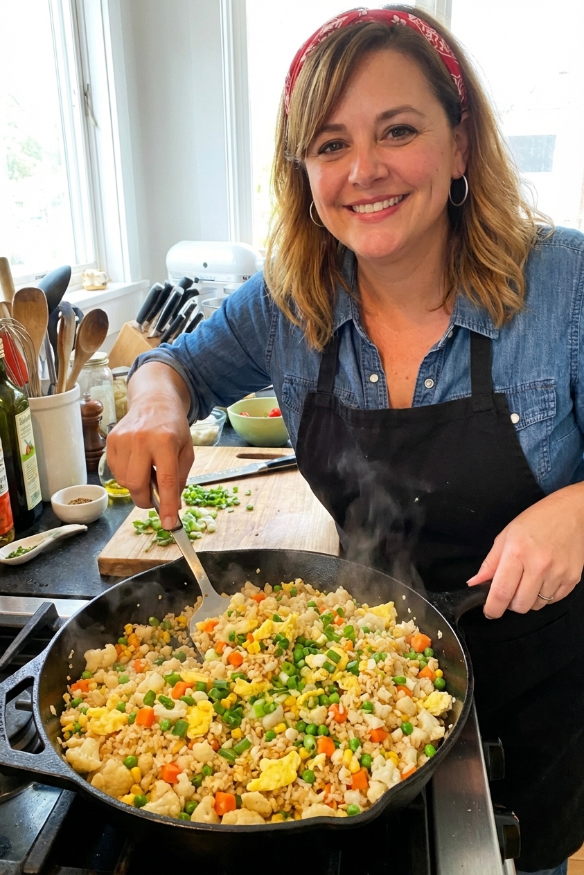 A skillet of cauliflower fried rice with scrambled egg, mixed vegetables, and green onions