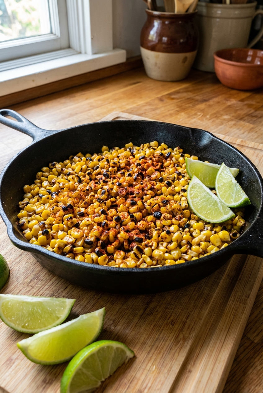 A skillet of charred corn kernels with a sprinkle of chili powder and lime wedges on the side