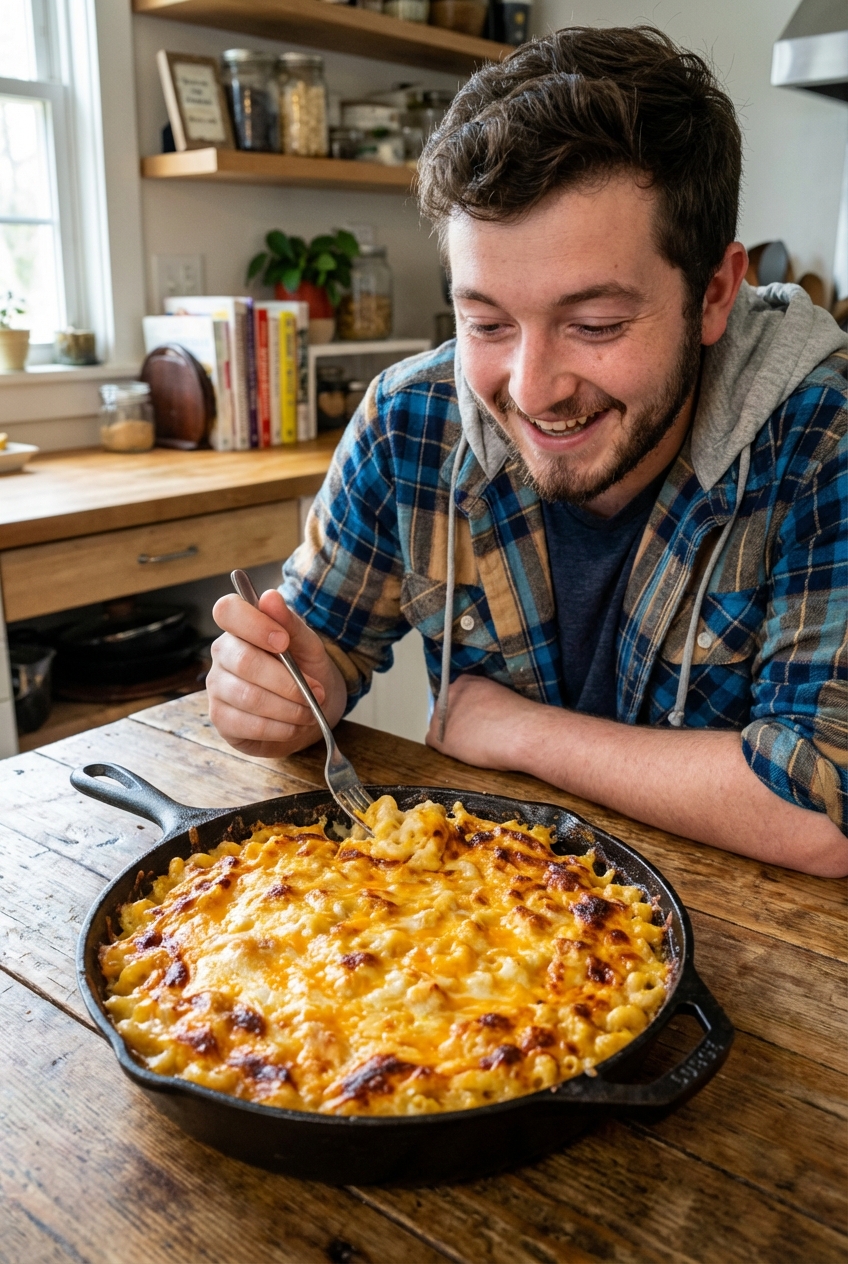 A skillet of cheesy baked mac and cheese