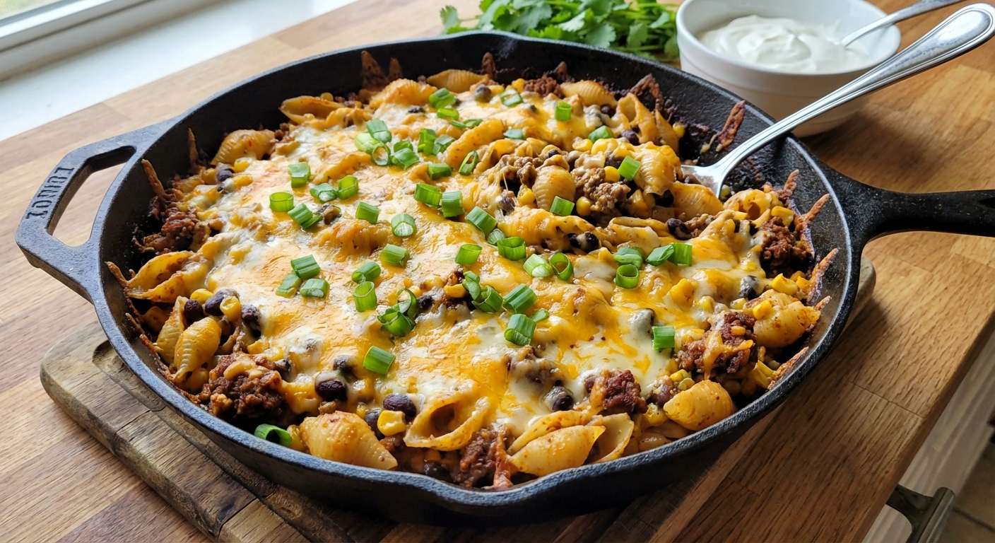 A skillet of cheesy taco pasta with browned edges and chopped green onions