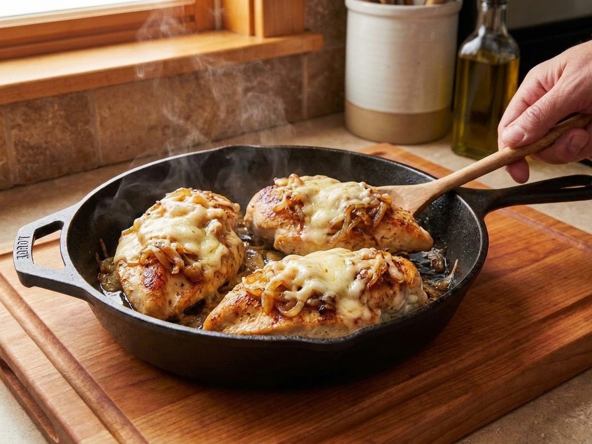 A skillet of chicken topped with melted browned Gruyere and caramelized onions, just pulled from the broiler