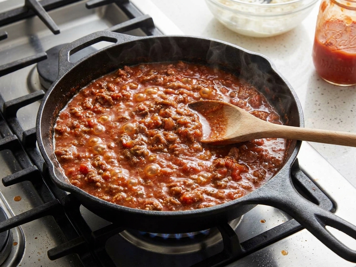 A skillet of chunky meat sauce simmering on the stovetop with a wooden spoon resting in the pan
