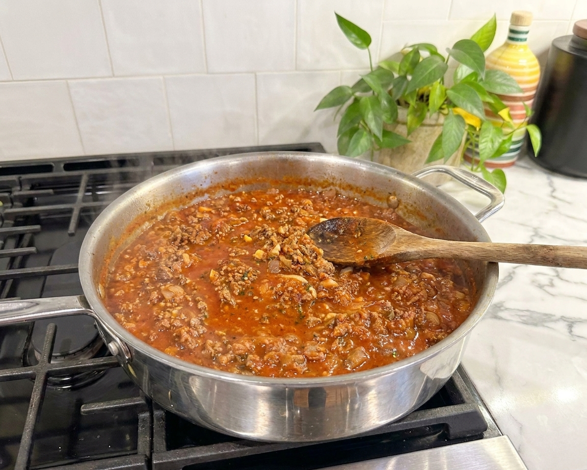 A skillet of chunky meat sauce simmering with a wooden spoon resting on the edge on a stovetop