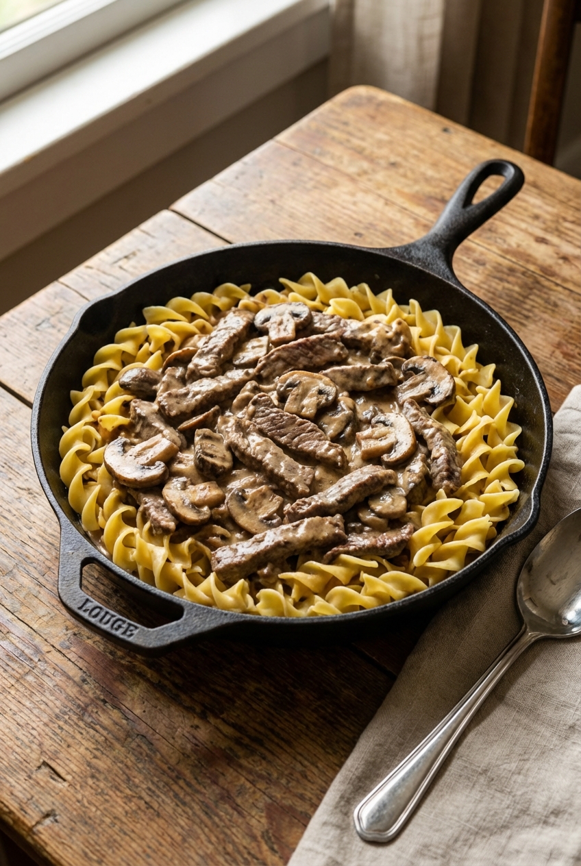 A skillet of classic beef stroganoff with sliced beef and mushrooms in a creamy sauce, served over egg noodles on a wooden table