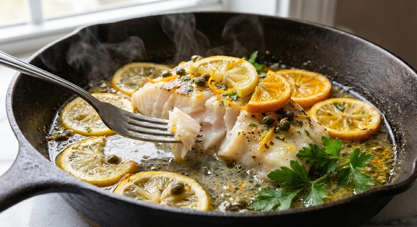 A skillet of cod fillets simmering briefly in a glossy lemon and orange pan sauce with herbs
